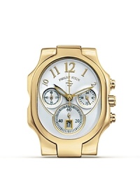 Philip Stein® oblong chronograph watch head in goldplate features Arabic numbers and 3-eye design.