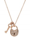 Secure your new look. This glitzy necklace from Fossil features lock and key pendants embellished with clear pave crystals. Crafted in rose-gold tone stainless steel. Approximate length: 16 inches + 2-inch extender. Approximate drop: 7/8 inch.