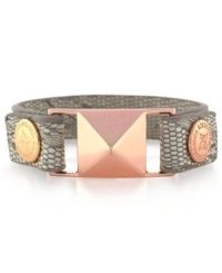 Make a fierce fashion statement. BCBGeneration's PVC snap bracelet features a neutral colored snake-skin pattern with accents crafted from rose gold-tone mixed metal, including a bold pyramid stud. Approximate length: 8 inches.