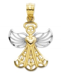 Let faith take flight in this intricate filigree angel charm. Crafted in 14k gold and sterling silver. Chain not included. Approximate length: 9/10 inch. Approximate width: 6/10 inch.