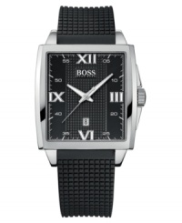 Keep on the beat with this modern watch, with a sporty yet refined edge. Black silicone strap. Silvertone stainless steel square case and square dial with logo, date window and roman numeral indices. Quartz movement. Water resistant to 30 meters. Two-year limited warranty.