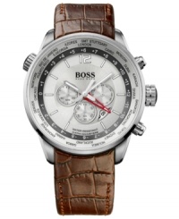 For the world traveler: this Hugo Boss watch upgrades your look with rich leather, while keeping you up-to-date with a world timer.