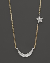 This celestial necklace, with diamonds set in 14K. yellow gold, features star and moon accents. By Meira T.