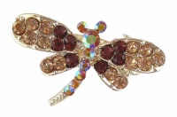 Hair Clip - H10 - Crystal Dragonfly - Med Size (1-5/8x 1) - Alligator Clip Style ~ Smoky Topaz and Lt Colo Topaz (Brown) on Goldtone Metal