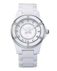 Style is on the forefront from Juicy. The round white watch has a white bracelet and stainless steel closure. Swarovski® crystal markers on the bezel. Iconic white dial with Swarovski® crystal track.