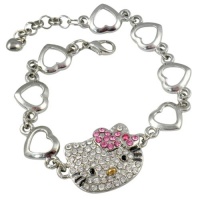 Sparkling Kitty Crystal Embellished Charm with Pink Hearts Bow Bracelet