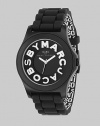 A sporty timepiece with logo details and silicone strap.Quartz movement Water resistant to 3 ATM Round stainless steel case, 40mm, (1.57) Black dial Logo hour markers along outer concave ring Second hand Silicone strap with interior jumbled logo print, 20mm, (.78) Buckle closure Imported 