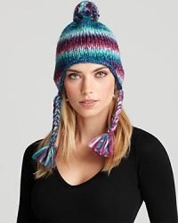 Hit the streets (or the slopes) in Aqua's chunky, space-dyed hat with cozy earflaps and a cute pom.