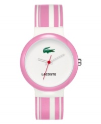 Sugar high. Stay upbeat with this cotton candy colored Goa watch by Lacoste. Pink and white striped silicone strap and round white plastic case with pink bezel. White dial features iconic crocodile logo and three hands. Quartz movement. Water resistant to 30 meters. Two-year limited warranty.