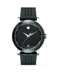 Men's Movado Museum® Sport watch in solid stainless steel with black Museum dial and black perforated rubber strap.