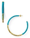 Cool and crafty. A simple shape gets a shot of color with these hoop earrings from Shashi, wrapped in bright neon cord.