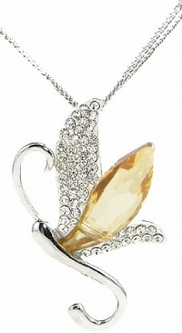 Stylized Dragonfly Swarovski Elements Crystal Pendant Necklace W 18k White Gold Plated Double Chain (White)