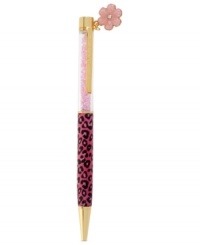 Print's charming. This pen from Betsey Johnson, crafted from gold-tone mixed metal, features a pink leopard print on the outside and a glass flower heart charm for a cute touch. Item comes packaged in a signature Betsey Johnson Gift Box. Approximate length: 5-1/2 inches. Approximate width: 3/8 inch.