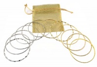 Bracelets - 12 Pc Asst. Bangle Set ~ Plain, Etched and Twisted in Gold Tone & Silver Tone - 70mm + Gold Organza Gift Bag (FB110)