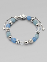 From the Spiritual Bead Collection. Singing the blues with a pretty strand in soft blue shades, combining beads of blue chalcedony, aquamarine, moon quartz and sterling silver with an oval cable slide clasp.Blue chalcedony, aquamarine and moon quartzSterling silverDiameter, about 2Adjustable slide claspImported