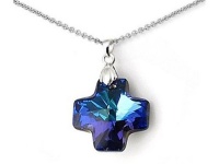 925 Sterling Silver Dark Blue Color Crystal Cross Pendant made with Swarovski Elements on 18 Inch Chain