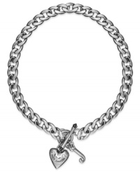 Show your love for Juicy Couture. This chunky collar necklace shines with the sleek sophistication of heart and J logo charms. Chain crafted in stainless steel. Charms crafted in silver tone mixed metal with toggle clasp. Approximate length: 16 inches. Approximate drop: 1-3/4 inches.