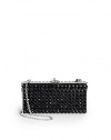 THE LOOKRemovable shoulder chainRectangular shapeEncrusted with jet black caviar Austrian crystalsPush-lock clasp closureInside logo detailTHE MEASUREMENTRemovable shoulder chain, 9 drop6W X 3H X 1¼DTHE MATERIALAustrian crystalsMetal boxMetallic leather liningORIGINImported