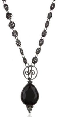 1928 Jewelry Hematite-Color and Onyx Daisy Chain Teardrop Pendant Necklace