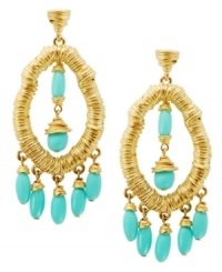 Marrakech chic. T Tahari's exotic earrings feature a unique wrapped design highlighted by stunning turquoise resin beadwork. Crafted in warm gold tone mixed metal. Base metal is nickel-free for sensitive skin. Approximate drop: 2-3/4 inches.