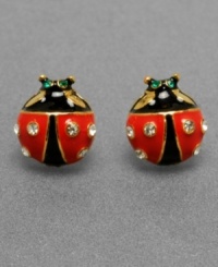 Cheerful ladybugs look cute as a button with crystal accents on these Betsey Johnson stud earrings. Crafted in mixed metal. Approximate width: 2/5 inch.