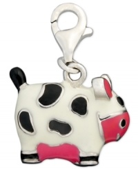 This charm is utterly fantastic. Crafted in sterling silver, this adorable cow charm features black, white and pink accents. Approximate drop: 1/2 inch.