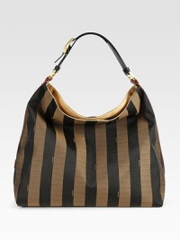 A classic style in chic signature jacquard stripes with smooth leather accents.Leather top handle, 7 dropMagnetic top closureOne inside zip pocketCotton lining15W X 13H X 6DMade in Italy