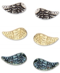 Soar on a rainbow of dazzling style. RACHEL Rachel Roy's three stud earring set features wing-shaped designs in silver tone, gold tone and rainbow tone. Each pair is set in mixed metal. Approximate diameter: 1/4 inch.