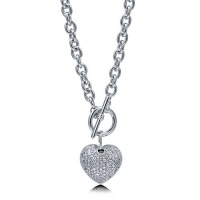 Cubic Zirconia CZ Silvertone Puffed Heart Toggle Pendant Necklace, Holiday Christmas Gift