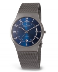 With a cobalt face and chic grey strap, this men's watch from Skagen Denmark is a uniquely handsome everyday look. Grey titanium round case and blue dial with subdial, date window, logo and numerical indices. Quartz movement. Water resistant to 30 meters. Ten-year limited warranty.