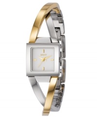 An elegant twist on the ordinary. This fine watch from DKNY features a two-tone stainless steel bangle bracelet. Rectangular stainless steel case and white dial with logo and stick indices. Quartz movement. Water resistant to 30 meters. Two-year limited warranty.