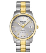 A shining example of self-winding excellence, Tissot's PR 100 watch is a double threat of casual and dress styling. Crafted of two tone stainless steel bracelet and round case with gold tone bezel. Silver tone dial features gold tone applied stick indices, minute track, date window at three o'clock, luminous three hands and logo. Swiss automatic movement. Water resistant to 100 meters. Two-year limited warranty.