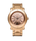 Opulence you can rely on. This HRH watch by Juicy Couture is crafted of rose-gold tone stainless steel bracelet and round case with logo-etched bezel. Rose-gold tone dial with textured inner dial features applied numerals and stick markers, minute track, luminous hands and iconic crown logo. Quartz movement. Water resistant to 30 meters. Two-year limited warranty.