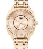 Boisterous glam in a compact design: a stunning timepiece brought to you by Juicy Couture. Beau collection watch by Juicy Couture crafted of rose-gold tone stainless steel bracelet and round case. Rose-gold tone sunray dial crystallized with ring of Swarovski elements features textured inner dial, applied Roman numerals at twelve, three, six and nine o'clock, crystal markers, three hands, text logo and crown logo. Quartz movement. Water resistant to 30 meters. Two-year limited warranty.