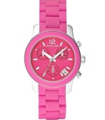 Hot pink takes this structured steel watch to playful levels, by Michael Kors.