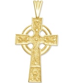 A hint of faith and a little Celtic inspiration, too. This beautifully-crafted cross charm features a cut-out and textured design in 14k gold. Chain not included. Approximate length: 1-3/10 inches. Approximate width: 7/10 inch.