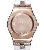 Be fancy free this season with the ladylike sparkle on this rosy Fancy Me Pink collection Swatch watch.