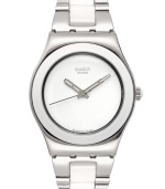 A stunning combination of ceramic and steel creates a sleek timepiece from Swatch's White Ceramic collection.