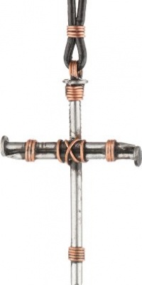 Bob Siemon Nail and Copper Wire Cross Pendant on Leather Cord, 30