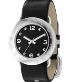 An eye-catching watch from Marc by Marc Jacobs in classy jet black and silvertone. Black leather strap. Silvertone stainless steel round case and round black dial with logo and numeral indices. Quartz movement. Water resistant to 30 meters. Two-year limited warranty.