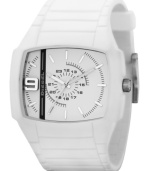 Add some style to your stride with this chic, precision-detailed watch from Diesel. White silicone strap and stainless steel rectangular case, 48x43mm. Rectangular white dial with logo and printed indexes. Analog movement. Water resistant to 50 meters. Two-year limited warranty.