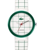 Hit the courts or the office with this upbeat men's and women's watch from Lacoste. White and green patterned silicone strap. Round green plastic case and round green and white patterned dial with logo. Quartz movement. Water resistant to 30 meters. Two-year limited warranty.