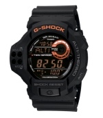 Beyond functional. Stay on top of your game with every feature you could need. G-Shock watch crafted of black resin strap and round case. Shock-resistant black negative display digital dial features twin sensor (altimeter/barometer and thermometer), LED light, flash alert, world time, multifunctional alarm, stopwatch, countdown timer, mute function and 12/24 hour formats. Digital movement. Water resistant to 200 meters. One-year limited warranty.