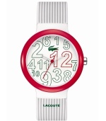 Scrambled excellence from Lacoste. Unisex Goa watch crafted of gray and white stripe silicone strap with printed logo and round white plastic case with red bezel. White dial features jumbled green and red printed numerals, cut-out hour and minute hand, red second hand, and iconic crocodile logo at twelve o'clock. Quartz movement. Water resistant to 30 meters. Two-year limited warranty.