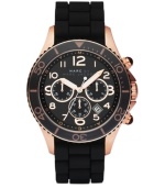 A sophisticated update to the classic sport profile. Watch by Marc by Marc Jacobs crafted of black silicone bracelet and round rose-gold ion-plated stainless steel case. Black bezel with rose-gold tone numerals. Black chronograph dial features large numerals, minute track, date window, three subdials, three hands and logo. Quartz movement. Water resistant to 50 meters. Two-year limited warranty.