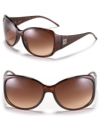 Sleek rectangle sunglasses with soft edges and signature logo detail at temples.