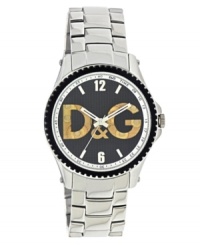 A unique cutout dial adds a modern edge to this classic watch by D&G. Stainless steel bracelet and round case with black turning bezel. Black grid-patterned dial features numerals at twelve and six o'clock, stick indices, minute track, three hands and gold tone logo cutout. Quartz movement. Water resistant to 50 meters. Two-year limited warranty.