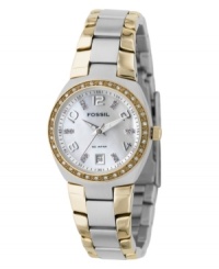 A gem of a watch, from Fossil. With a beautiful two-tone design highlighted by crystal accents, this women's watch features a stainless steel silvertone bracelet with goldtone accent. Round stainless steel silvertone case and Swarovski crystal-accented bezel. Mother-of-pearl dial with logo, date window, numerical and crystal accent indices. Quartz movement. Water resistant to 100 meters. 11-year limited warranty.