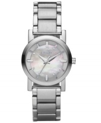 Eclectic and industrial-chic, this women's watch from DKNY is anything but old-fashioned. Silvertone stainless steel bracelet and round case. Round mother-of-pearl dial with logo and stick indices. Quartz movement. Water resistant to 50 meters. Two-year limited warranty.