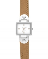 Smooth and modern, this Nine West watch dresses up or down for any occasion. Crafted of brown leather strap and rectangular silver tone case. White dial features silver tone applied stick indices, hour and minute hands, sweeping second hand and logo at six o'clock. Quartz movement. Limited lifetime warranty.